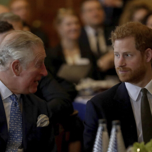 Le prince Charles, prince de Galles et son fils le prince Harry lors d'un colloque sur l'état des récifs corallien à Londres le 14 février 2018.