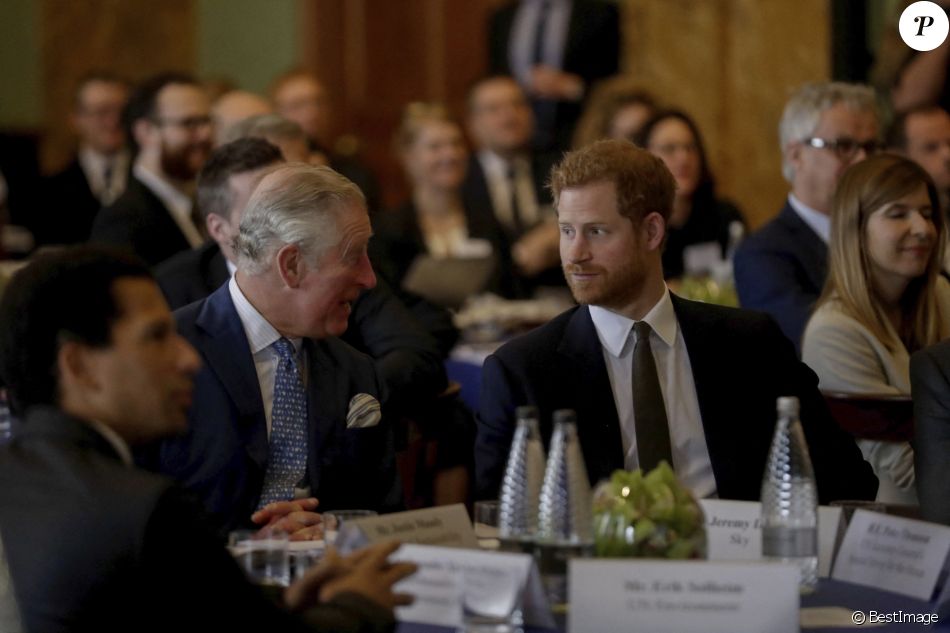 Le prince Charles, prince de Galles et son fils le prince Harry lors d'un colloque sur l'état des récifs corallien à Londres le 14 février 2018.