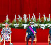 La princesse Delphine de Saxe Cobourg et son mari James O'Hare, le prince Laurent et la princesse Astrid lors de la Fête nationale belge, le 21 juillet 2021, en présence du roi Philippe et de la reine Mathilde de Belgique.