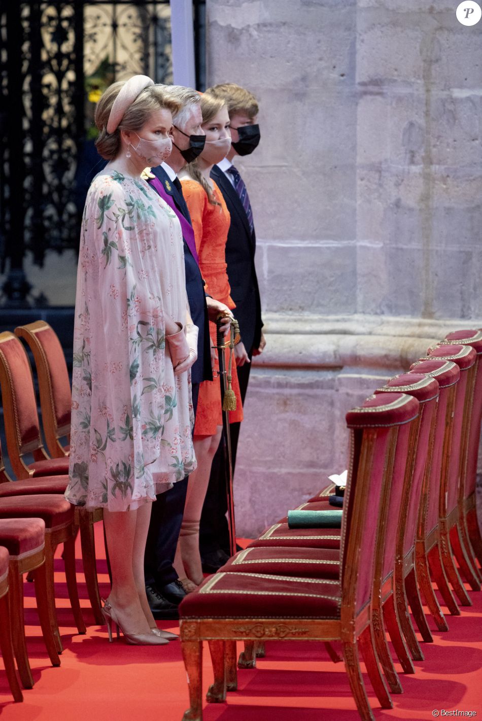 Le Roi Philippe de Belgique, la Reine Mathilde de Belgique, le prince Emmanuel, la princesse Elisabeth - La famille royale belge assiste à la cérémonie du "Te Deum" à la cathédrale des Saints Michel et Gudule à Bruxelles, à l'occasion de la Fête nationale belge, le 21 juillet 2021.