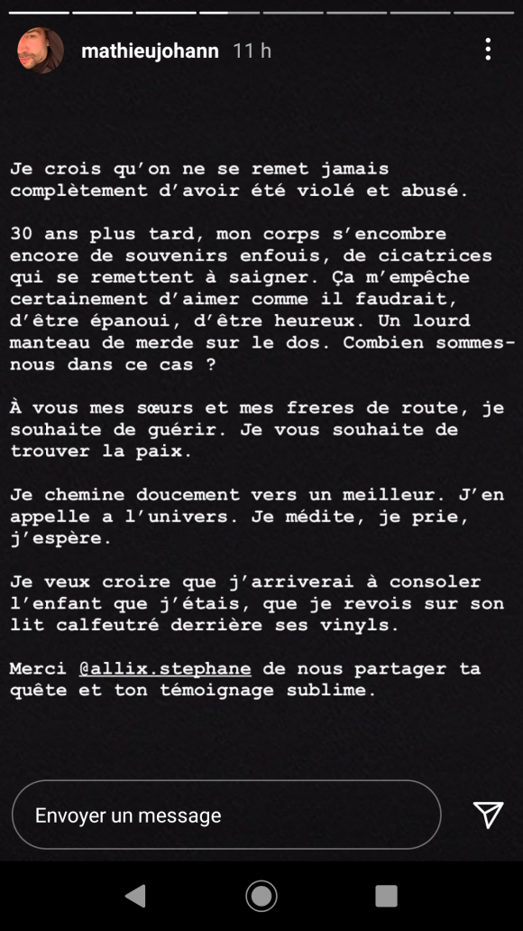 Mathieu Johann poste un bouleversant message concernant le viol qu'il a subi - story Instagram, le 2 août 2021