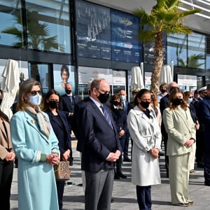 Exclusif - La princesse Caroline de Hanovre, le prince Albert II de Monaco, Pauline Ducruet, la princesse Stéphanie de Monaco et Camille Gottlieb (marraine de Monaco One) lors du baptême de la navette Monaco One qui reliera les ports de Monaco et Vintimille, à Monaco, le 8 mars 2021. La navette maritime "Monaco One" ralliera Monaco à Vintimille en dix minutes. © Bruno Bebert/ PRM / Bestimage