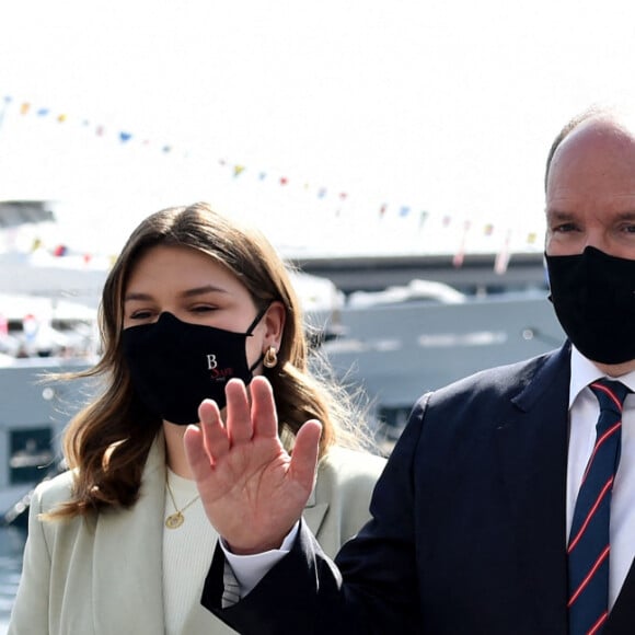 Exclusif - Louis Ducruet, la princesse Caroline de Hanovre, le prince Albert II de Monaco et Camille Gottlieb (marraine de Monaco One) lors du baptême de la navette Monaco One qui reliera les ports de Monaco et Vintimille, à Monaco, le 8 mars 2021. © Bruno Bebert/ PRM / Bestimage