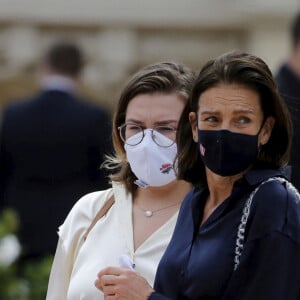 La princesse Stéphanie de Monaco et ses filles Camille Gottlieb et Pauline Ducruet - Inauguration de la place du Casino en présence du couple princier à Monaco le 2 juin 2020. Les participants portent des masques pour se protéger de l'épidémie de Coronavirus (Covid-19). © Dylan Meiffret / Nice Matin / Bestimage