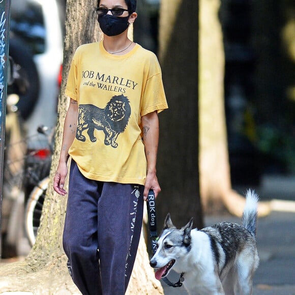 Exclusif - Zoé Kravitz, avec un tee-shirt en hommage à Bob Marley promène son chien à New York, le 10 août 2020.