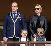 Le prince Albert II et la princesse Charlène de Monaco avec leurs enfants le prince Jacques de Monaco et la princesse Gabriella de Monaco lors de la 9ème édition du Tournoi Sainte Dévote de Rugby au Stade Louis II à Monaco. © Jean-Charles Vinaj/Pool/Bestimage