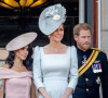 Camilla Parker Bowles, Kate Catherine Middleton, le prince Harry et Meghan Markle lors du rassemblement militaire "Trooping the Colour" (le "salut aux couleurs"), célébrant l'anniversaire officiel du souverain britannique, le 9 juin 2018.
