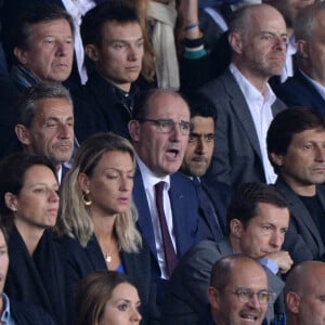 Nicolas Sarkozy, le Premier Ministre Jean Castex, Nasser Al-Khelaifi et Leonardo assistent au match de football opposant le PSG à l'Olympique Lyonnais au Parc des Princes. Paris, le 19 septembre 2021.