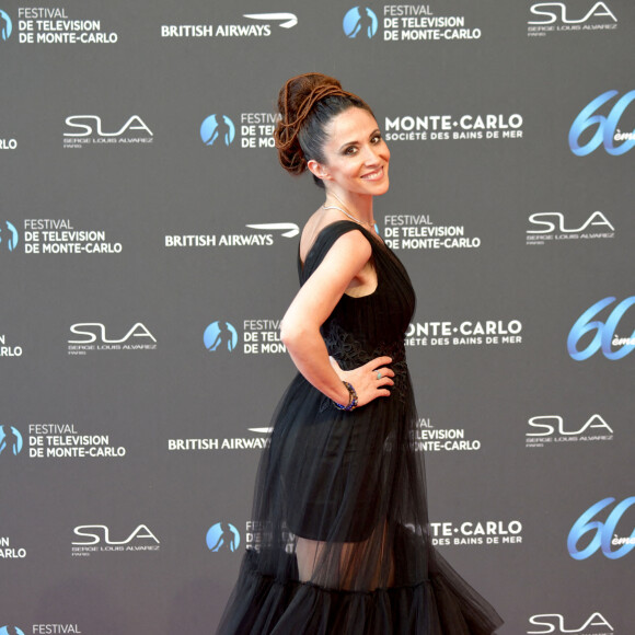 Fabienne Carat (longue robe en tulle noir Christophe Guillarmé, collier Helena Joy Paris) lors de la soirée d'ouverture du 60ème Festival de Télévision de Monte-Carlo au Grimaldi Forum à Monaco, le 18 juin 2021. © Bruno Bébert/Bestimage