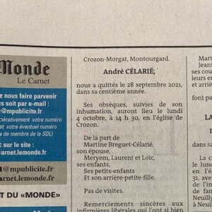 Avis de Décès d'André Célarié dans le journal "Le Monde".