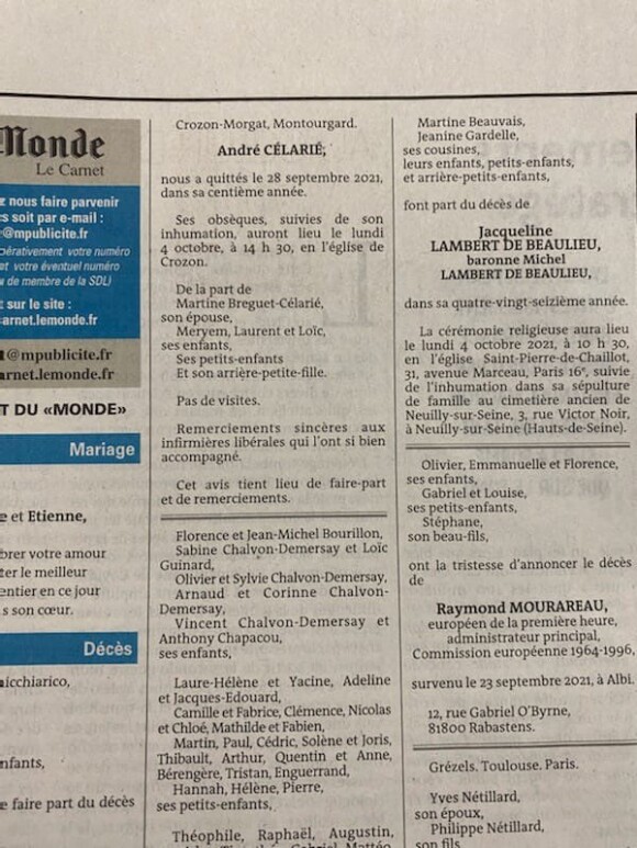 Avis de Décès d'André Célarié dans le journal "Le Monde".