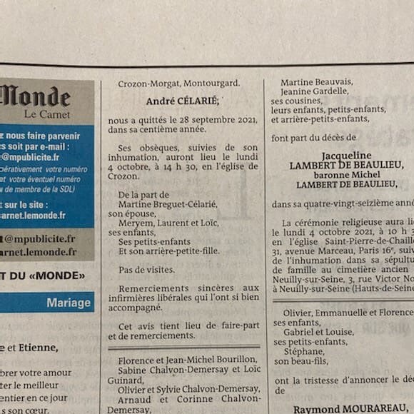 Avis de Décès d'André Célarié dans le journal "Le Monde".