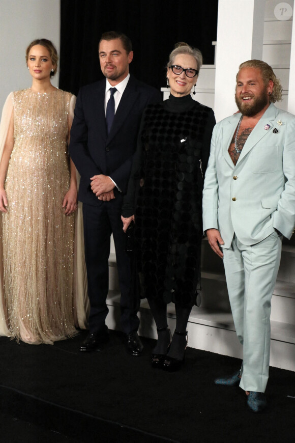 Jennifer Lawrence (enceinte), Leonardo DiCaprio, Meryl Streep et Jonah Hill à la première du film "Don't Look Up" à New York, le 5 décembre 2021.