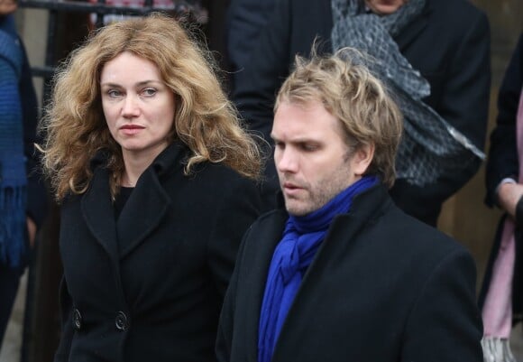 Marine Delterme et son mari Florian Zeller - Sortie de la cérémonie religieuse à la mémoire de Jacques Chancel, en l'église Saint-Germain-des-Prés, à Paris, le 6 janvier 2015.