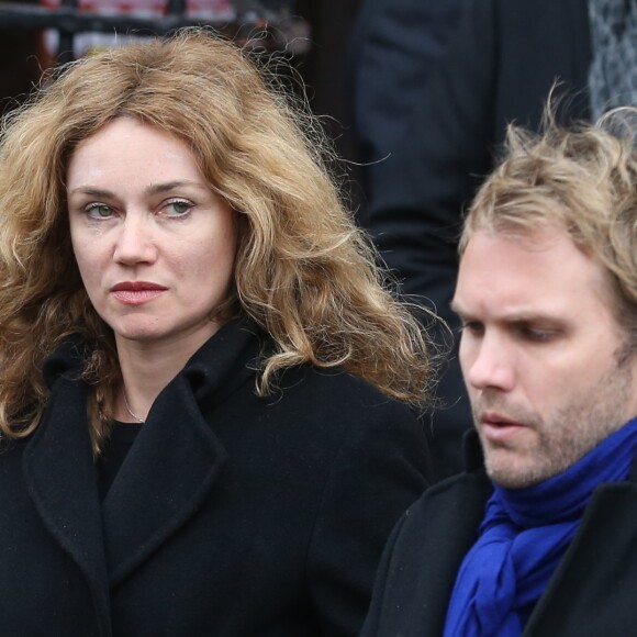 Marine Delterme et son mari Florian Zeller - Sortie de la cérémonie religieuse à la mémoire de Jacques Chancel, en l'église Saint-Germain-des-Prés, à Paris, le 6 janvier 2015.