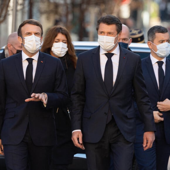 Marlène Schiappa, Gérald Darmanin, Christian Estrosi - Le président Emmanuel Macron est en visite sur le site de l'ancien hôpital de Saint-Roch, futur Hôtel de Police à Nice le 10 janvier 2022. © Jacques Witt / Pool / Bestimage