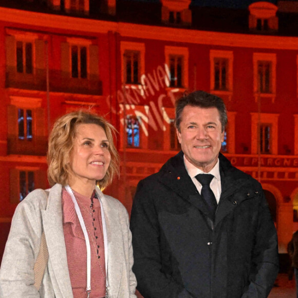 Christian Estrosi (maire de Nice) et sa femme Laura Tenoudji Estrosi, assistent à la cérémonie d'ouverture du 137ème Carnaval de Nice avec pour thème le "Roi des animaux", en compagnie de Bernard Gonzalez (préfet des Alpes-Maritimes) et Henry-Jean Servat. Nice, le 11 février 2022. 