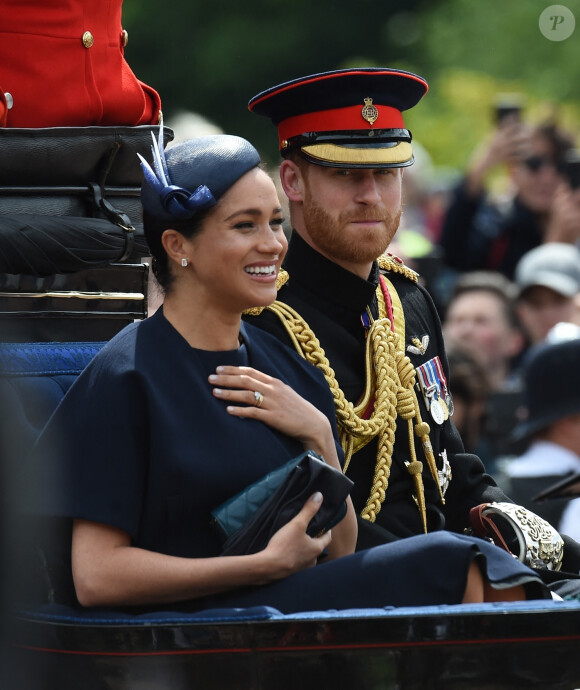 Le prince Harry, duc de Sussex, et Meghan Markle, duchesse de Sussex, première apparition publique de la duchesse depuis la naissance du bébé royal Archie lors de la parade Trooping the Colour 2019, célébrant le 93ème anniversaire de la reine Elisabeth II, au palais de Buckingham, Londres, le 8 juin 2019.