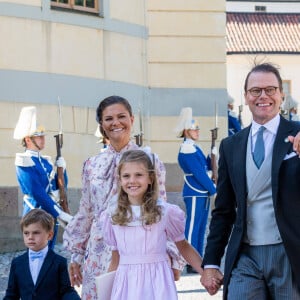 La princesse Victoria de Suède, le prince Daniel de Suède et leurs enfants la princesse Estelle de Suède et le prince Oscar de Suède - La famille royale suédoise au baptême du prince Julian, duc de Halland au château de Drottningholm sur l'île de Lovön à Ekero en Suède, le 14 août 2021.