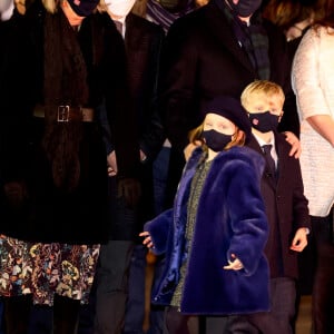 La princesse Caroline de Hanovre, Louis Ducruet, le prince Albert II de Monaco, la princesse Gabriella, Le prince héréditaire Jacques lors de la célébration de la sainte Dévote, Sainte Patronne de Monaco, sur le quai Albert 1er le 26 janvier 2022 © Claudia Albuquerque / Bestimage