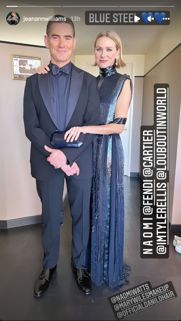 Naomi Watts et Billy Cudrup, photographiés par Jeanann Williams (styliste de Naomi Watts) avant les SAG Awards. Santa Monica, le 27 février 2022.