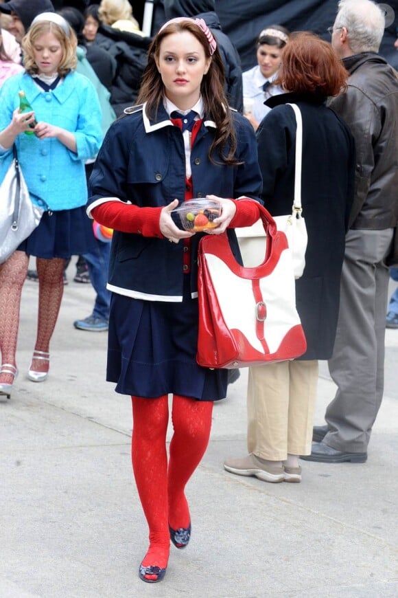 Leighton Meester dans la peau de Blair Waldorf, sur le tournage de Gossip Girl à Manhattan le 7 avril 2008