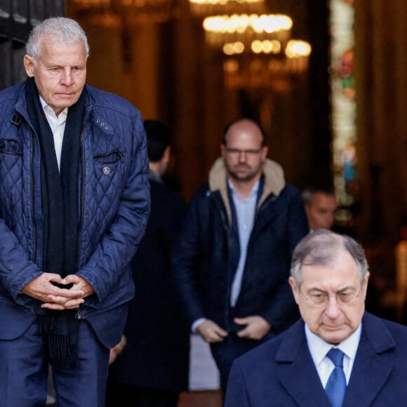 Patrick Poivre d'Arvor , Martin Bouygues - Sorties des obsèques de Jean-Pierre Pernaut en la Basilique Sainte-Clotilde à Paris le 9 mars 2022. © Cyril Moreau/Bestimage