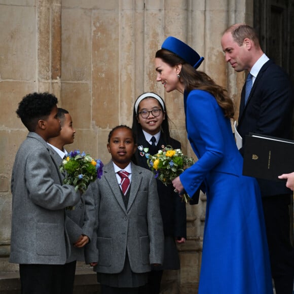 Le prince William, duc de Cambridge, et Catherine (Kate) Middleton, duchesse de Cambridge, fêtent le Jour du Commonwealth lors d'une messe annuelle à l'abbaye de Westminster. Londres, le 14 mars 2022.