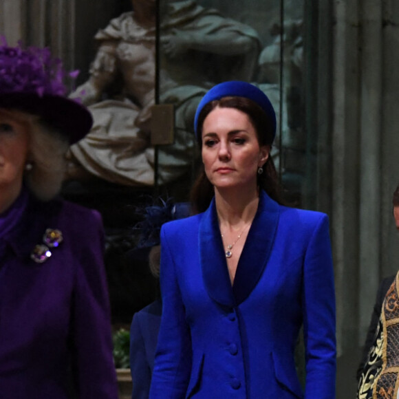 Camilla, duchesse de Cornouailles, et Catherine (Kate) Middleton, duchesse de Cambridge, fêtent le Jour du Commonwealth lors d'une messe annuelle à l'abbaye de Westminster. Londres, le 14 mars 2022.