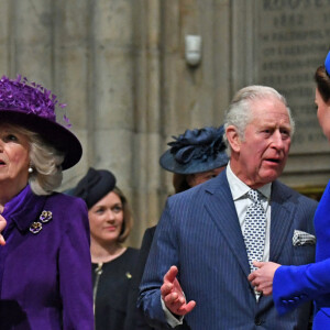 Le prince William, duc de Cambridge, Catherine (Kate) Middleton, duchesse de Cambridge, le prince Charles et Camilla, duchesse de Cornouailles, fêtent le Jour du Commonwealth lors d'une messe annuelle à l'abbaye de Westminster. Londres, le 14 mars 2022.