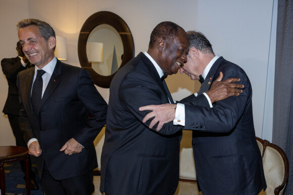 Exclusif - Alassane Ouattara, Martin Bouygues et Nicolas Sarkozy - Dîner gala de l'association "Children of Africa" à Abidjan, le 11 mars 2022. © Olivier Borde / Bestimage