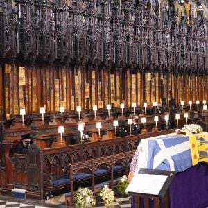 La reine Elisabeth II d'Angleterre - Funérailles du prince Philip, duc d'Edimbourg à la chapelle Saint-Georges du château de Windsor, Royaume Uni, le 17 avril 2021.