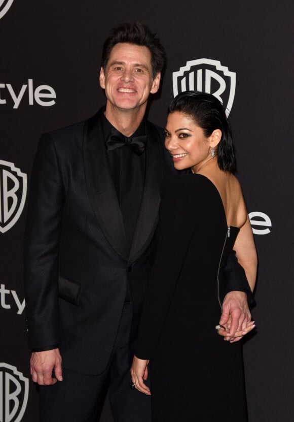 Jim Carrey et sa compagne Ginger Gonzaga - Photocall de la soirée "Warner InStyle Golden Globes After Party" au Beverly Hilton Hotel à Beverly Hills. Le 6 janvier 2019 