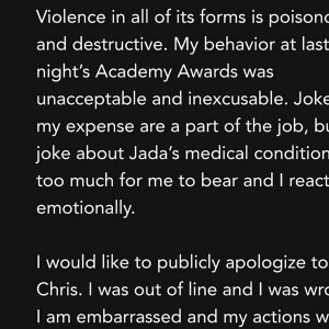 Capture d'écran du message d'excuses de Will Smith sur Instagram, suite à la gifle donnée à Chris Rock pendant la cérémonie des Oscars. Le 28 mars 2022
