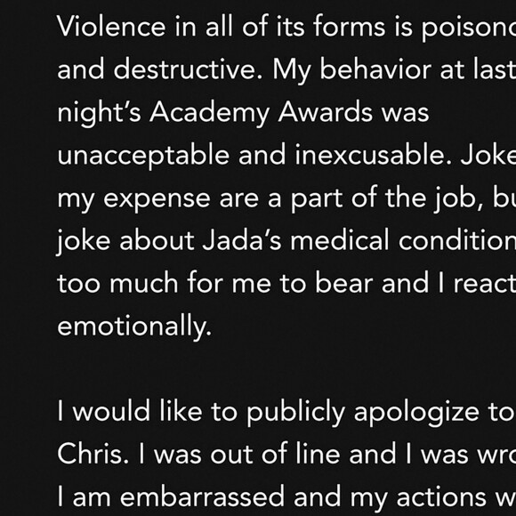 Capture d'écran du message d'excuses de Will Smith sur Instagram, suite à la gifle donnée à Chris Rock pendant la cérémonie des Oscars. Le 28 mars 2022
