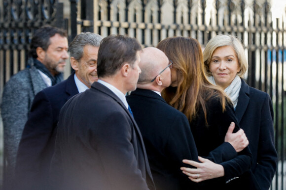 Valérie Pécresse, Carla Bruni-Sarkozy, Nicolas Sarkozy et Brigitte Macron - Sorties des obsèques de Jean-Pierre Pernaut en la Basilique Sainte-Clotilde à Paris le 9 mars 2022