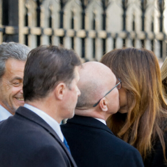 Valérie Pécresse, Carla Bruni-Sarkozy, Nicolas Sarkozy et Brigitte Macron - Sorties des obsèques de Jean-Pierre Pernaut en la Basilique Sainte-Clotilde à Paris le 9 mars 2022