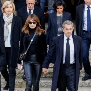 Valérie Pécresse, Carla Bruni-Sarkozy, Nicolas Sarkozy et Brigitte Macron - Sorties des obsèques de Jean-Pierre Pernaut en la Basilique Sainte-Clotilde à Paris