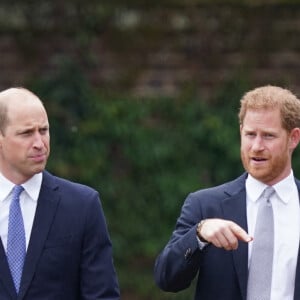 Le prince William, duc de Cambridge, et son frère Le prince Harry, duc de Sussex, se retrouvent à l'inauguration de la statue de leur mère, la princesse Diana dans les jardins de Kensington Palace à Londres, le 1er juillet 2021. Ce jour-là, la princesse Diana aurait fêté son 60 ème anniversaire. 