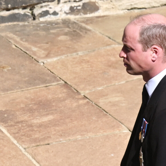 Le prince Harry, duc de Sussex, Peter Phillips, le prince William, duc de Cambridge - Arrivées aux funérailles du prince Philip, duc d'Edimbourg à la chapelle Saint-Georges du château de Windsor, le 17 avril 2021. 