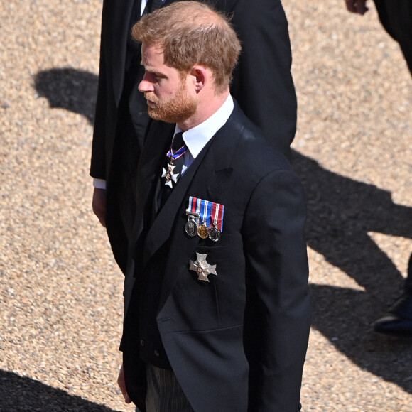 Le prince Harry, duc de Sussex - Arrivées aux funérailles du prince Philip, duc d'Edimbourg à la chapelle Saint-Georges du château de Windsor, le 17 avril 2021. 