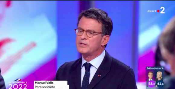 Capture d'écran de la soirée électorale du second tour des présidentielles du 24 avril 2022. Manuel Valls a été présenté à tort comme membre du parti socialiste. La présentatrice Anne-Sophie Lapix s'est ensuite excusée pour cette erreur.