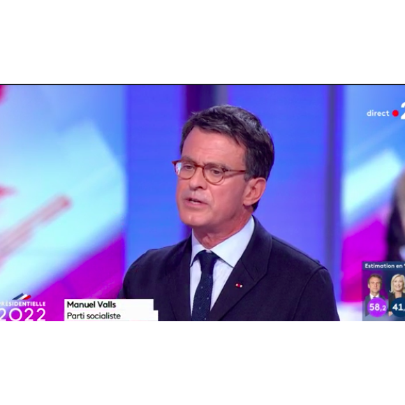 Capture d'écran de la soirée électorale du second tour des présidentielles du 24 avril 2022. Manuel Valls a été présenté à tort comme membre du parti socialiste. La présentatrice Anne-Sophie Lapix s'est ensuite excusée pour cette erreur.