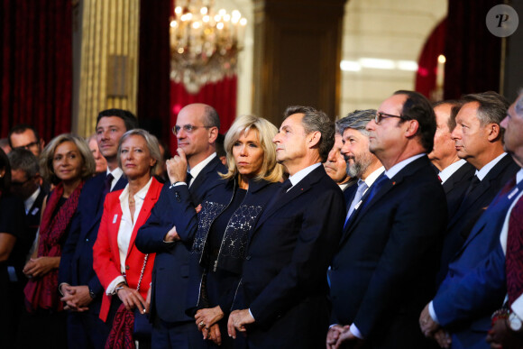 Valérie Pécresse, Jean-Michel Blanquer, Brigitte Macron, Nicolas Sarkozy et Francois Hollande lors de la réception des acteurs de la candidature de Paris aux Jeux Olympiques et Paralympiques de 2024 au palais de l'Elysée à Paris le 15 septembre 2017.
