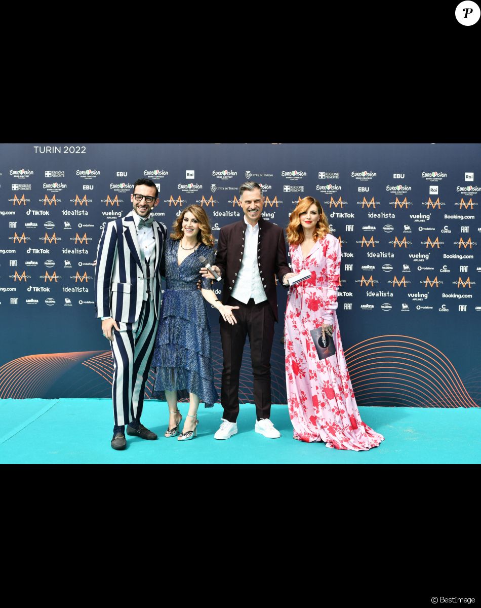 Mario Acampa, Laura Carusino, Gabriele Corsi, Carolina di Domenico au photocall de "l'Eurovision 2022" à Turin, le 8 mai 2022.