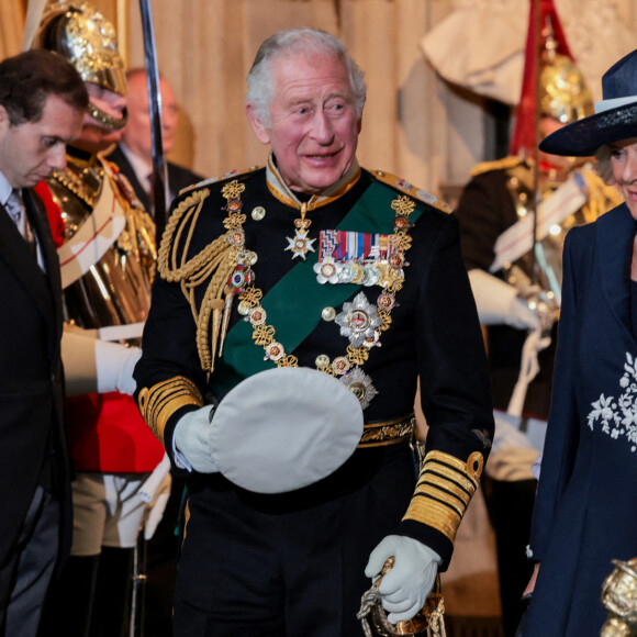 Le prince Charles, prince de Galles, et Camilla Parker Bowles, duchesse de Cornouailles - Arrivée au discours de l'ouverture officielle du Parlement à Londres, le 10 mai 2022. Ayant des problèmes de mobilité, la reine d'Angleterre est représentée par le prince de Galles.