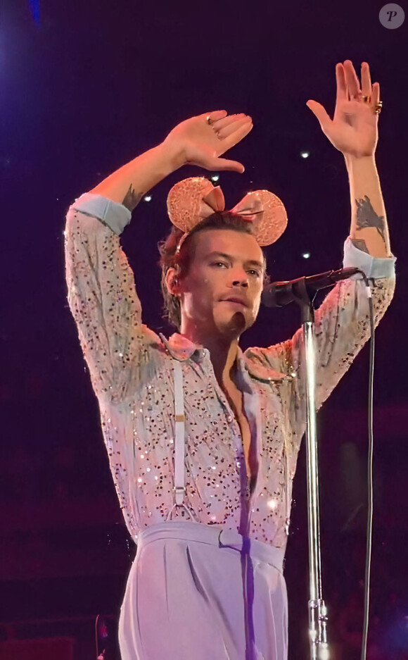 Harry Styles, affublé d'oreilles de Minnie, pendant le concert de sa tournée "Love on Tour" à Orlando, le 10 octobre 2021. 