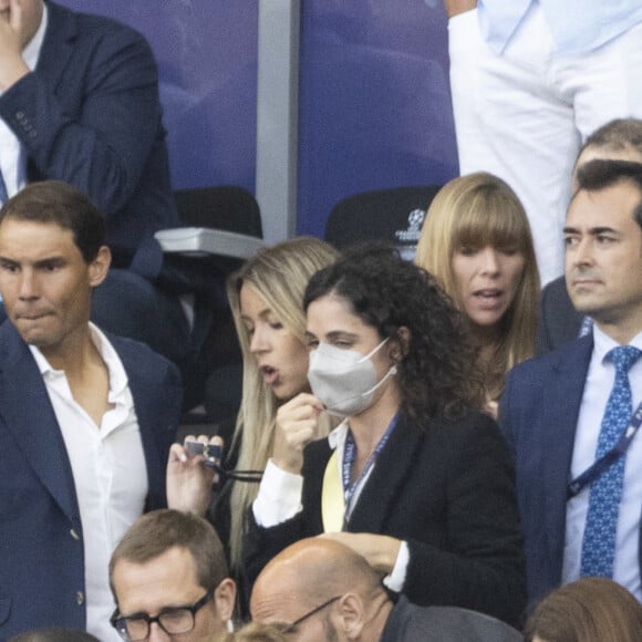 Rafael Nadal, sa femme Xisca Perello et sa soeur Maria Isabel Nadal - Les célébrités assistent à la victoire du Real Madrid face à Liverpool (1-0) en finale de la Ligue des Champions au stade de France, le 28 mai 2022. © Cyril Moreau / Bestimage