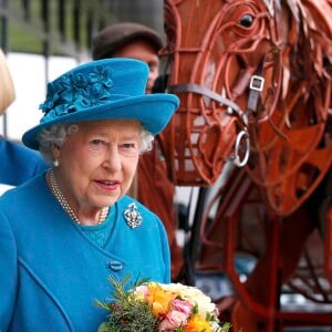 La reine Elisabeth II d'Angleterre et le prince Philip, duc d'Edimbourg, ont inauguré la nouvelle école vétérinaire de l'université Surrey à Guildford. Le couple royal a visité la clinique pour les grands animaux et ont pu ainsi admirer des chevaux. Le 15 octobre 2015.