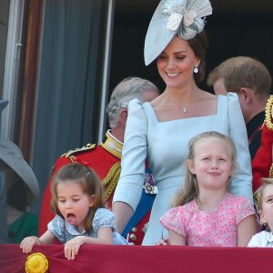 Catherine (Kate) Middleton, duchesse de Cambridge, et la princesse Charlotte de Cambridge - Les membres de la famille royale britannique lors du rassemblement militaire "Trooping the Colour" (le "salut aux couleurs"), célébrant l'anniversaire officiel du souverain britannique. Cette parade a lieu à Horse Guards Parade, chaque année au cours du deuxième samedi du mois de juin. Londres, le 9 juin 2018.